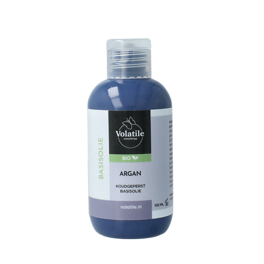 Volatile Argan basisolie 100ml, natural body care oil bottle with a clear label and golden liquid inside.