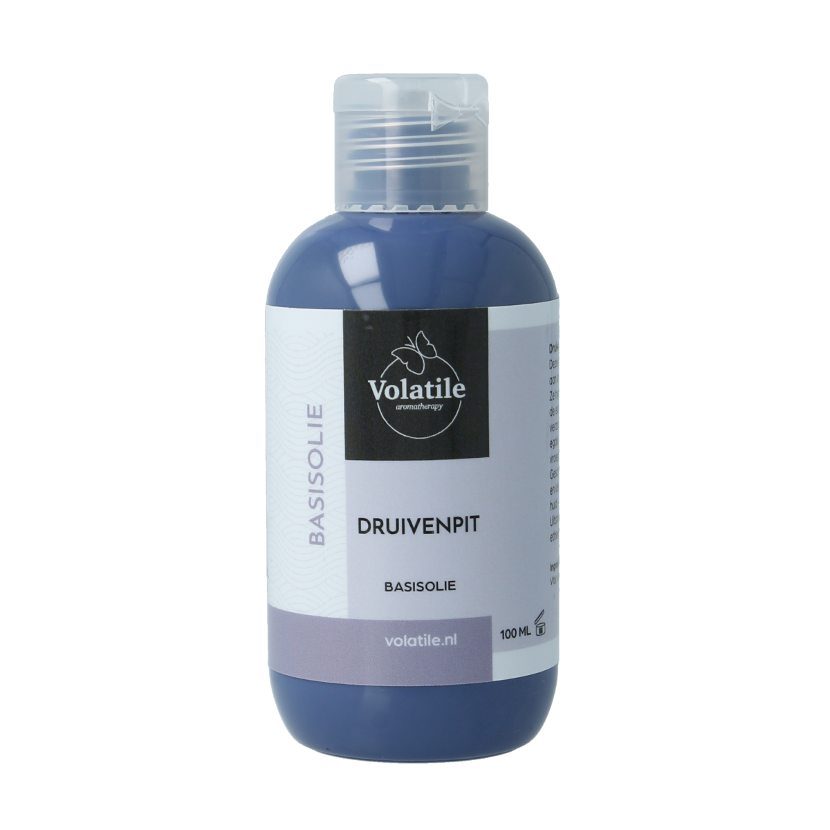Volatile Druivenpitolie 100ml bottle, natural body care oil with a transparent container and label showing the product name.
