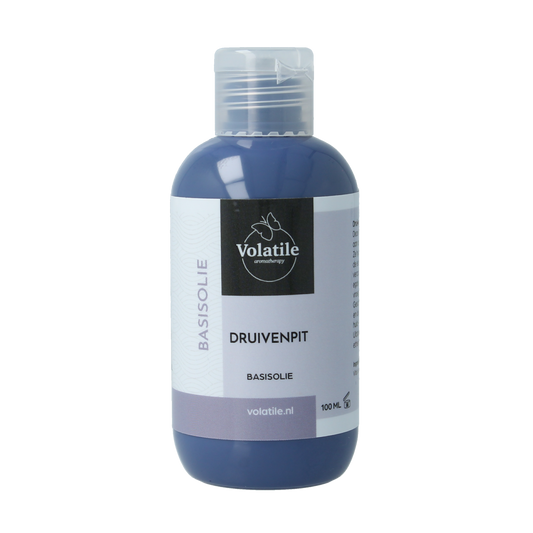 Volatile Druivenpitolie 100ml bottle, natural body care oil with a transparent container and label showing the product name.