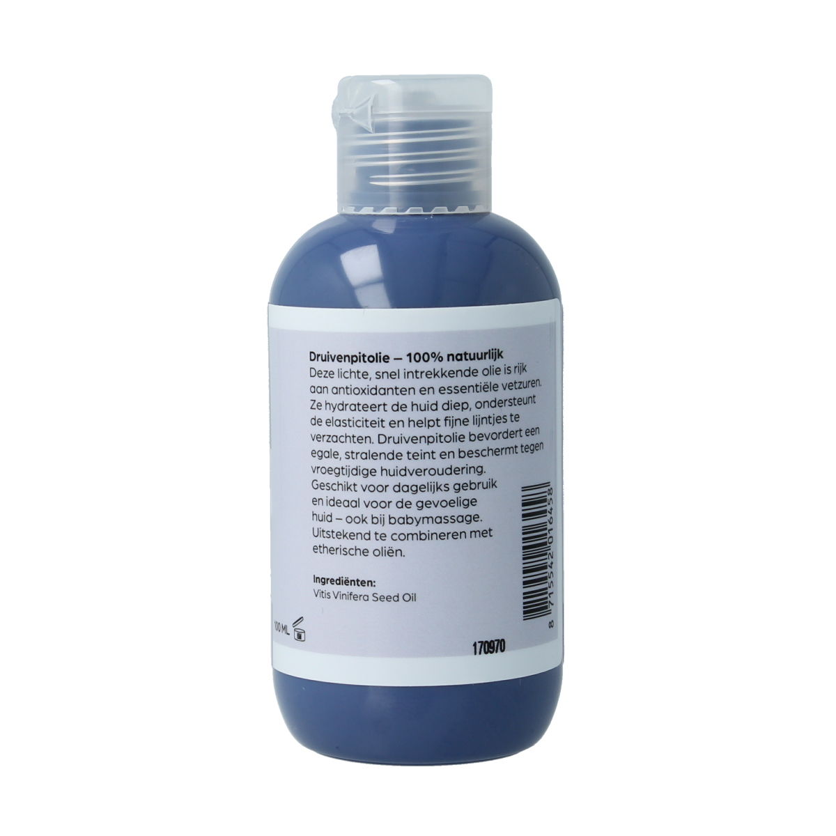 Volatile Druivenpitolie 100ml bottle, natural body care oil with a clear glass container and label, for skin nourishment.
