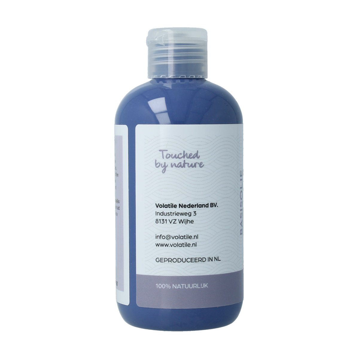 Volatile Druivenpitolie 250ml bottle for body care, showing the transparent glass container and label.