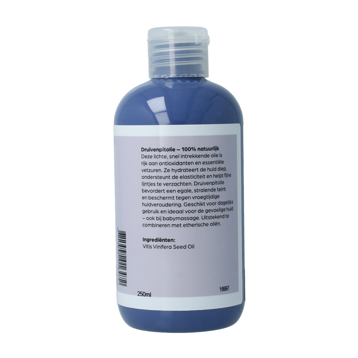 Volatile Druivenpitolie 250ml body care product, amber glass bottle with dropper for skincare application.