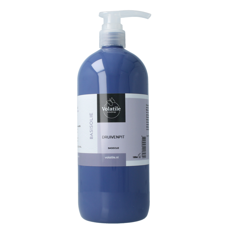 Volatile Druivenpit olie in 1-liter bottle for body care, showing a clear liquid and label with brand name.