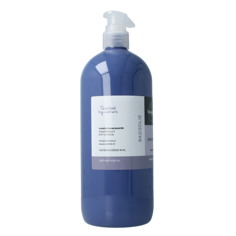 Volatile Druivenpit olie in 1 liter bottle, a natural body care product with a clear container showing golden oil.