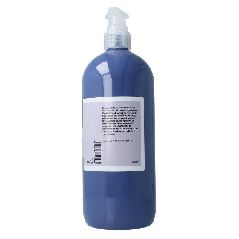 Volatile Druivenpit olie 1 liter bottle, natural body care product with a clear label and golden oil inside.