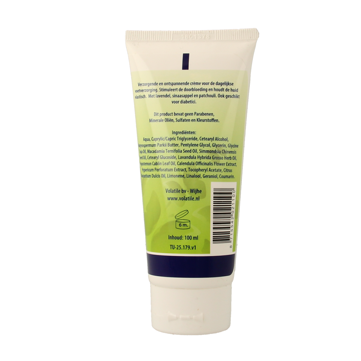 Volatile ontspannende voetverzorgingscrème in een 100 ml tube, geschikt voor verzorging en ontspanning van de voeten.
