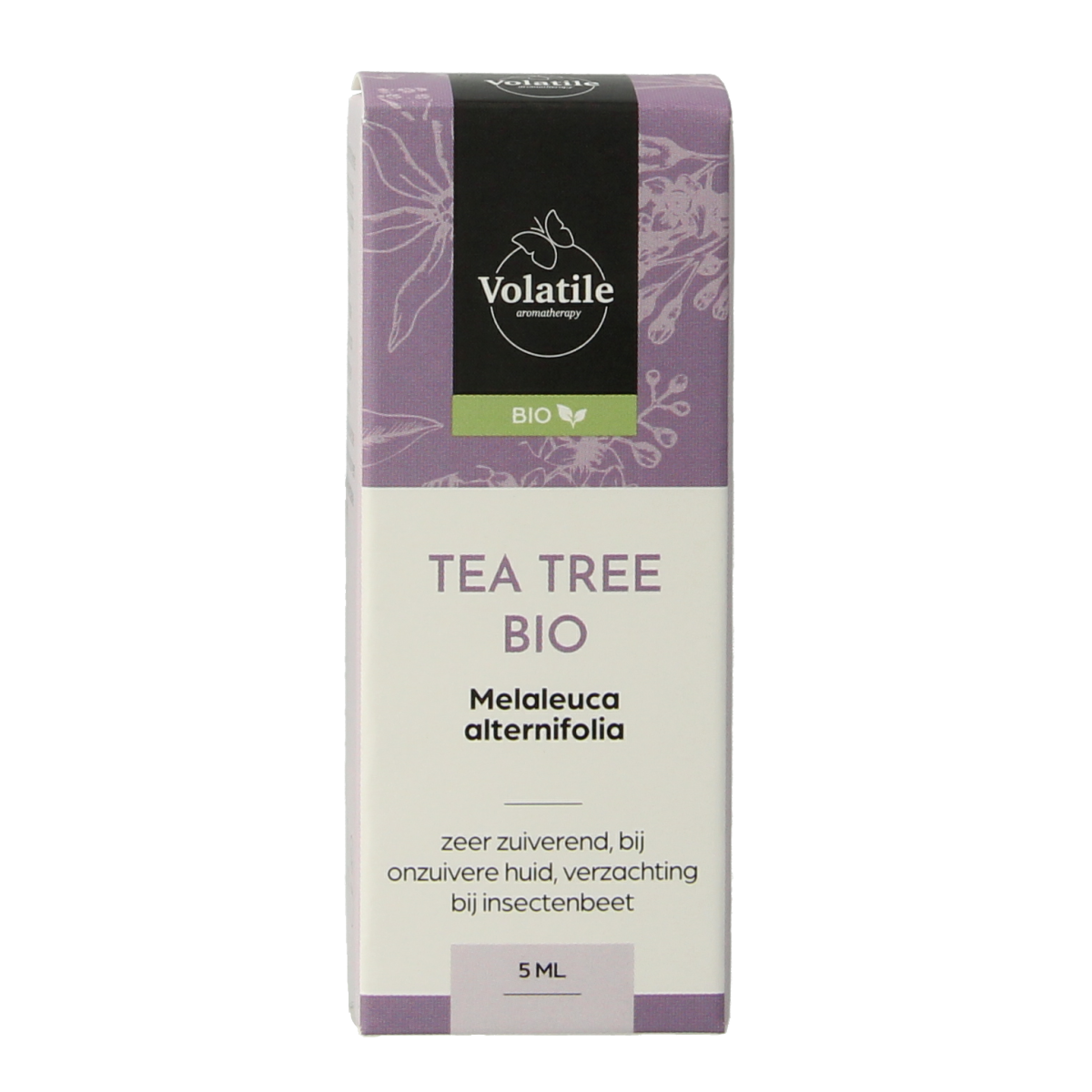 Volatile Bio Tea Tree body care product in a 5ml bottle, featuring natural tea tree oil for skin and body wellness.