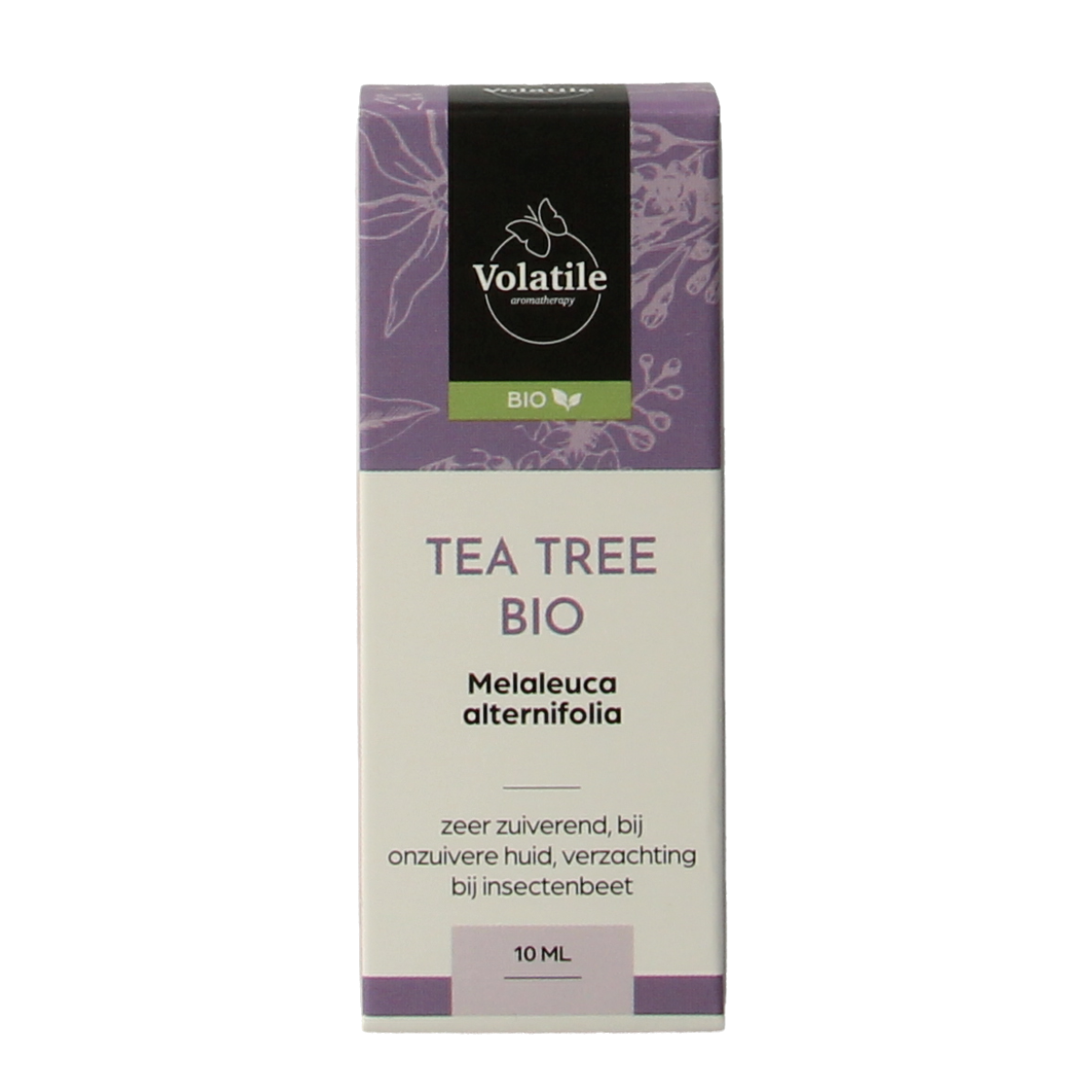 Volatile Tea Tree Bio 10ml bottle for body care, featuring a clear glass container with a white cap and green tea tree label.