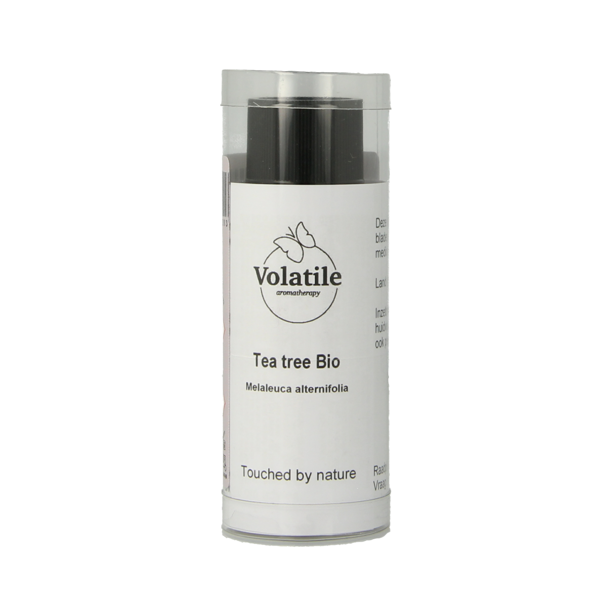 Volatile Bio Tea Tree Body Care product in a 25ml bottle, featuring a clear label and dropper cap, on a white background.