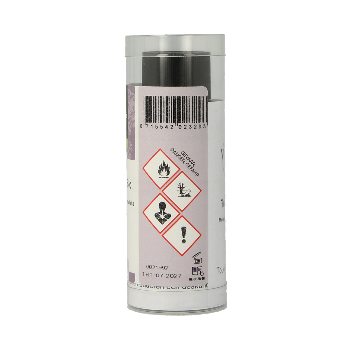 Volatile Bio Tea Tree Body Care bottle, 25ml, natural skincare product with a white and green label, close-up view.