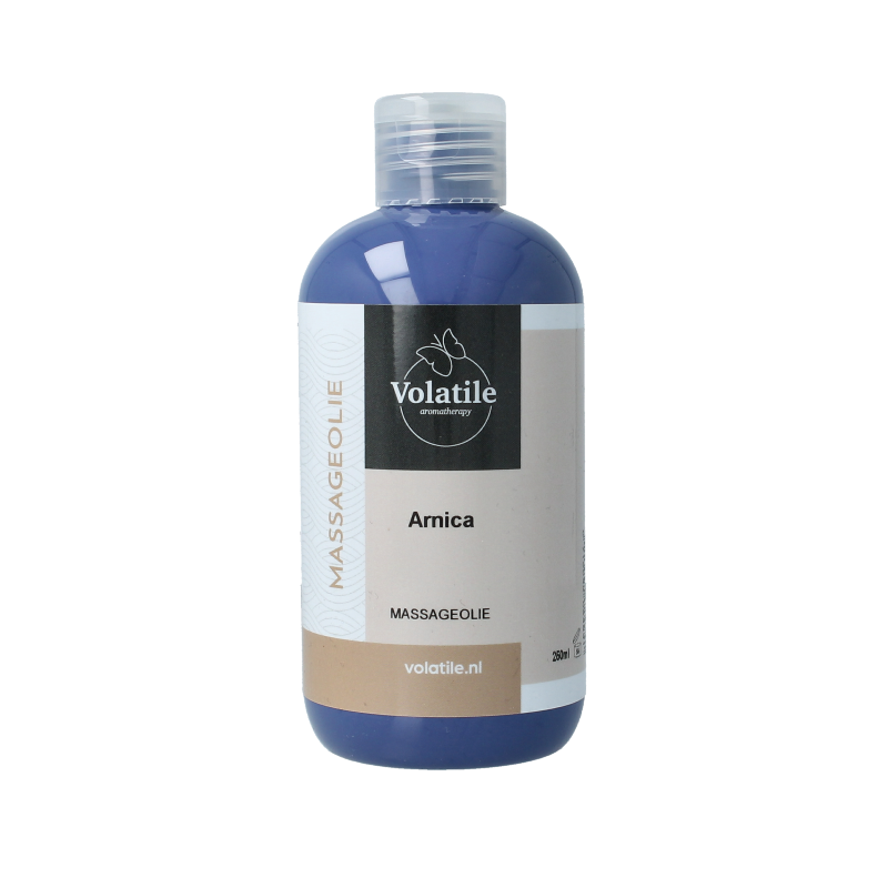 Volatile Arnica grape seed massage oil in a 250ml bottle, natural body care product for soothing massages and skin nourishment.