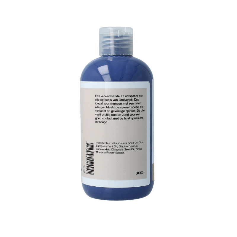 Volatile arnica and grape seed massage oil in 250ml bottle, natural body care product for soothing massage.