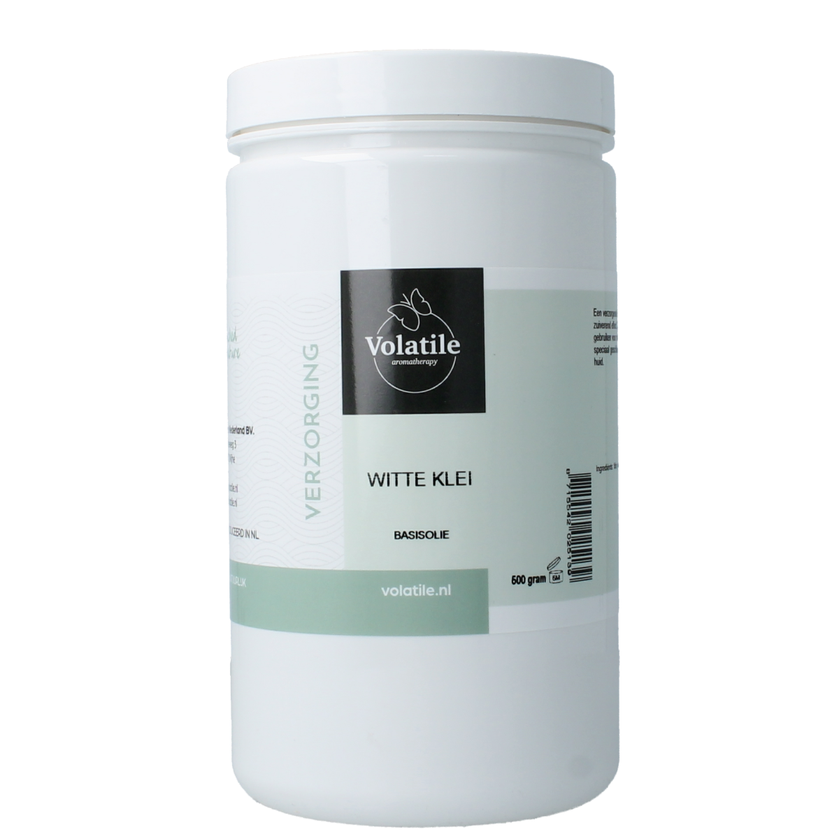 Volatile Witte klei poeder 500g, natural body care clay powder, white mineral clay in a clear container.