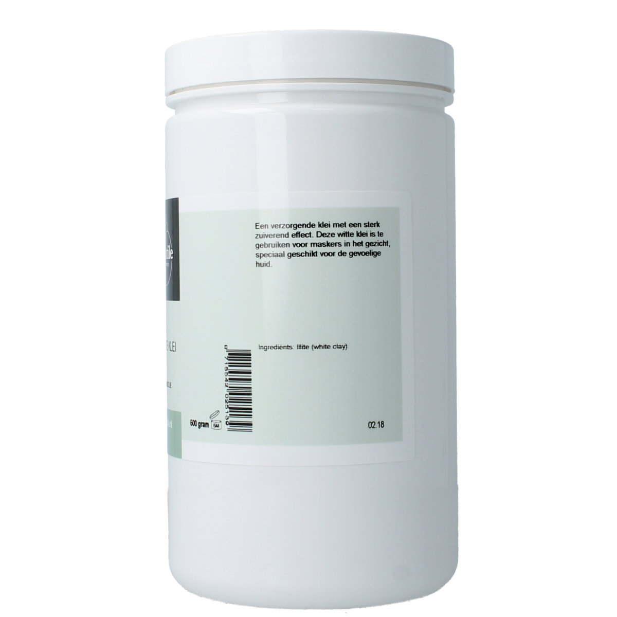 Volatile Witte klei poeder, 500g, natural body care clay powder showing the white powder in a container.