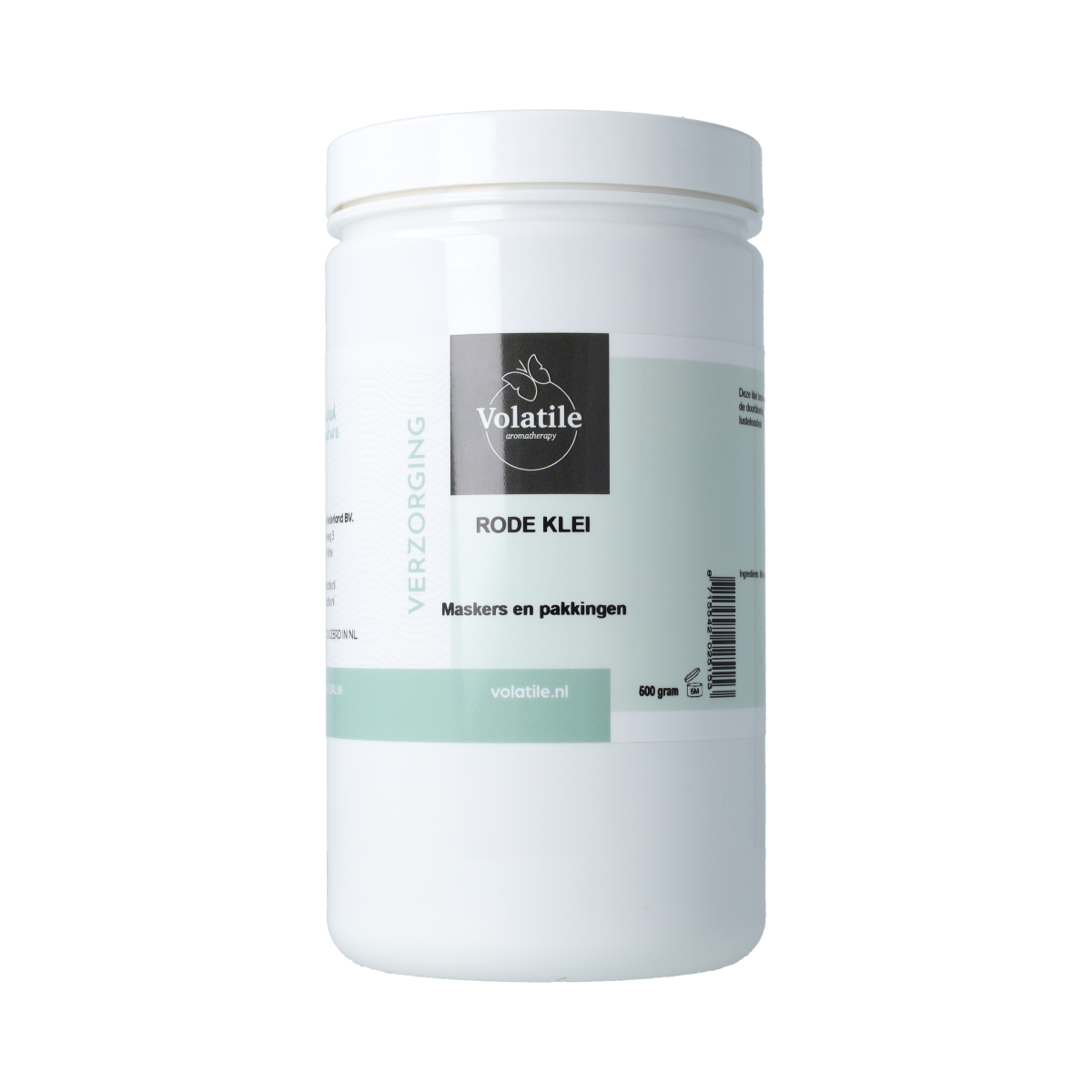 Volatile Rode klei 500g in a container, used for body care and skincare, with a natural clay texture and earthy color.