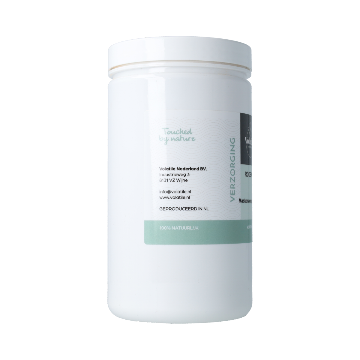 Volatile Rode klei 500g in a natural clay form, used for body care, displayed in a clear container with a textured surface.