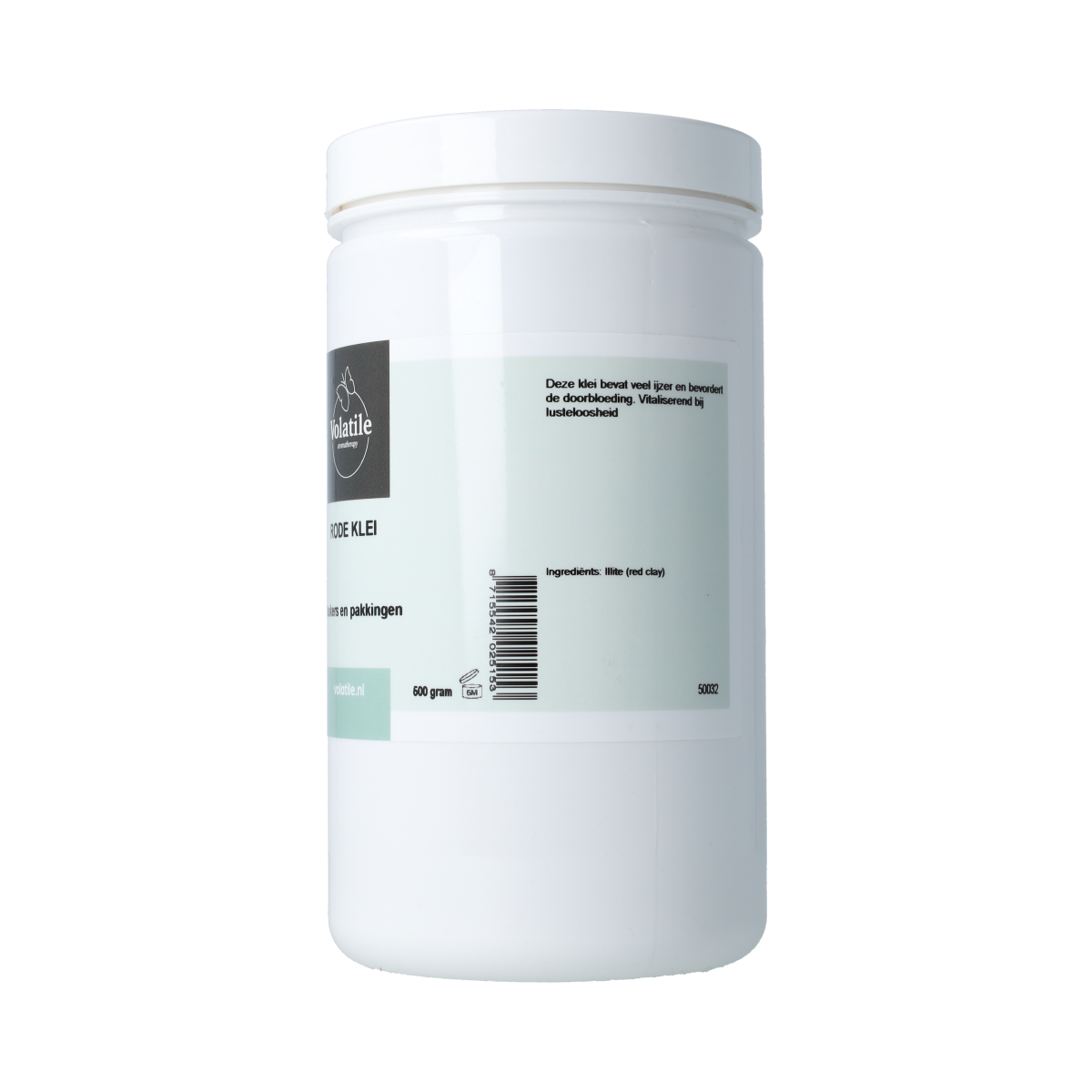 Volatile Rode klei 500g, natural body care clay in a container, ideal for skincare rituals and detox treatments.