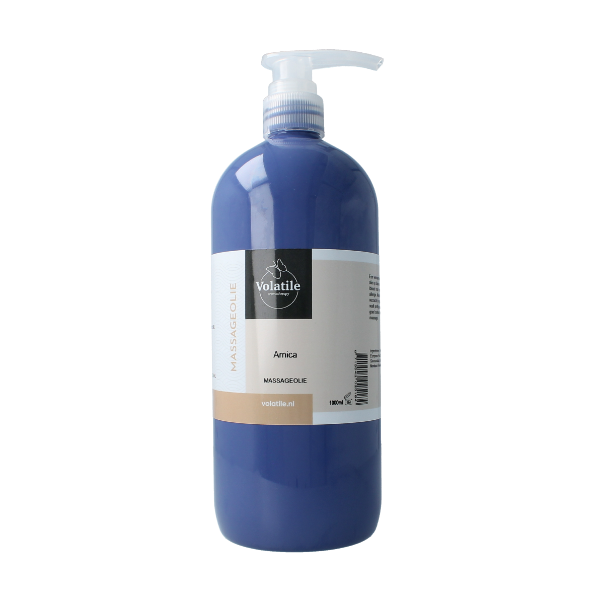Volatile arnica and grape seed massage oil in a 1-liter bottle for body care and relaxation.