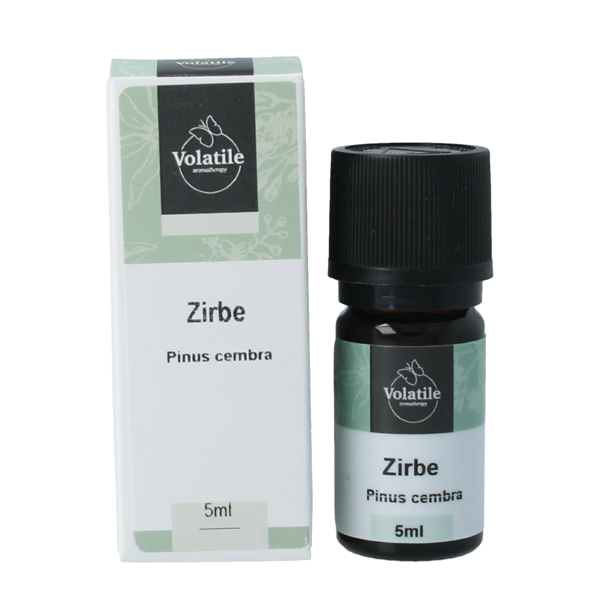 Volatile Zirbe essential oil bottle, 5ml, from Volatile, featuring a clear container with a white cap and label.