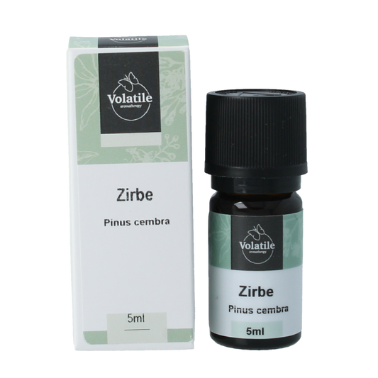 Volatile Zirbe essential oil bottle, 5ml, from Volatile, featuring a clear container with a white cap and label.