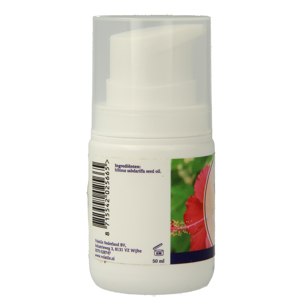 Volatile hibiscus plant oil bottle, 50ml, for body care, featuring a clear container with a yellow liquid and hibiscus illustration.