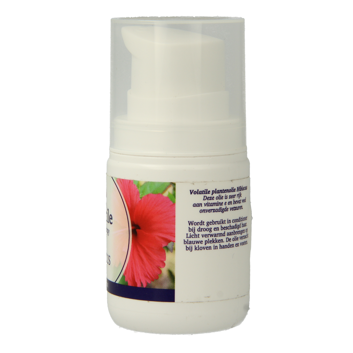Volatile hibiscus plant oil in 50ml bottle, used for body care, with a clear label and orange-colored oil inside the bottle.
