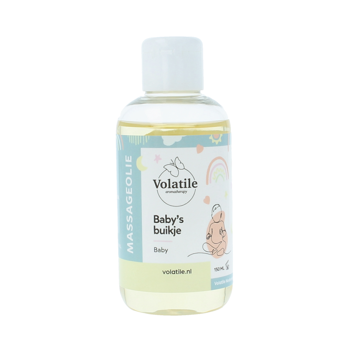 Volatile baby massage oil bottle with 150ml size, soft packaging, and clear label for gentle infant body care.