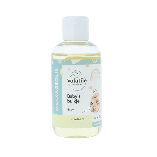 Volatile baby massage oil bottle with 150ml size, soft packaging, and clear label for gentle infant body care.