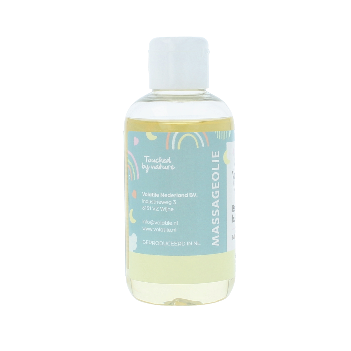 Volatile baby massage oil bottle, 150ml, for gentle infant body care, with a soft, natural appearance and clean packaging.