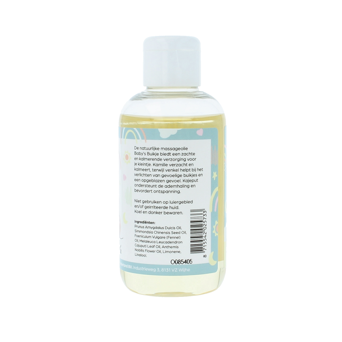 Volatile baby massage oil bottle with 150ml, natural body care product for gentle skin massage and soothing baby's belly.