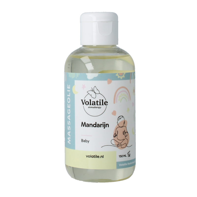 Volatile baby mandarijn massage oil in a 150ml bottle, natural body care product with a citrus scent for gentle massage.