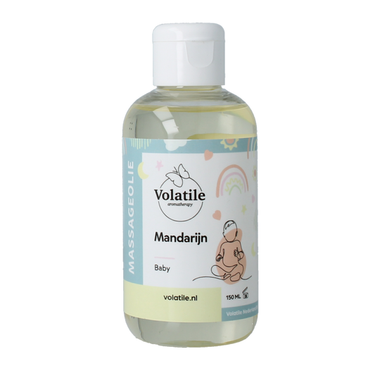 Volatile baby mandarijn massage oil in a 150ml bottle, natural body care product with a citrus scent for gentle massage.