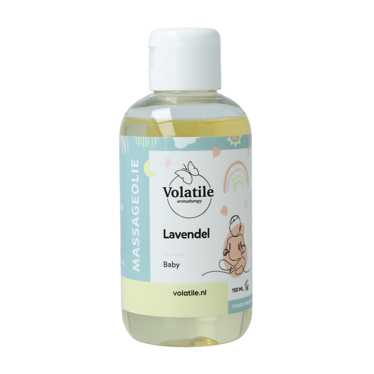 Volatile baby lavender massage oil in 150ml bottle, gentle body care product with lavender for soothing relaxation.