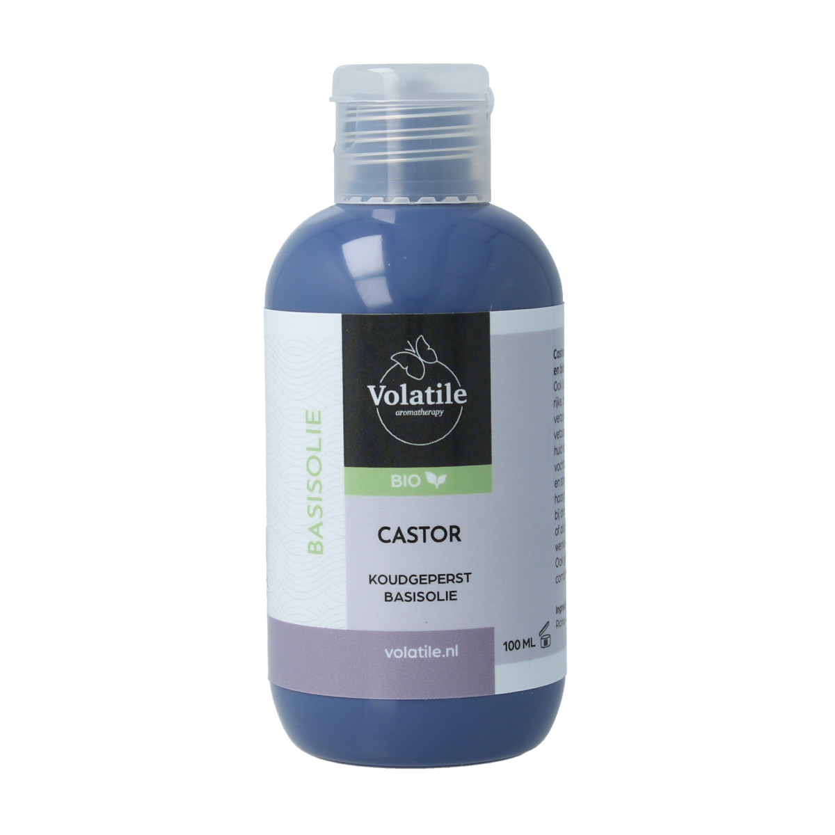 Volatile castor oil 100ml bottle, natural body care product with a clear container and label, used for skincare and hair treatment.