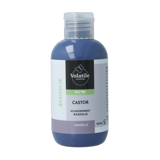 Volatile castor oil 100ml bottle, natural body care product with a clear container and label, used for skincare and hair treatment.