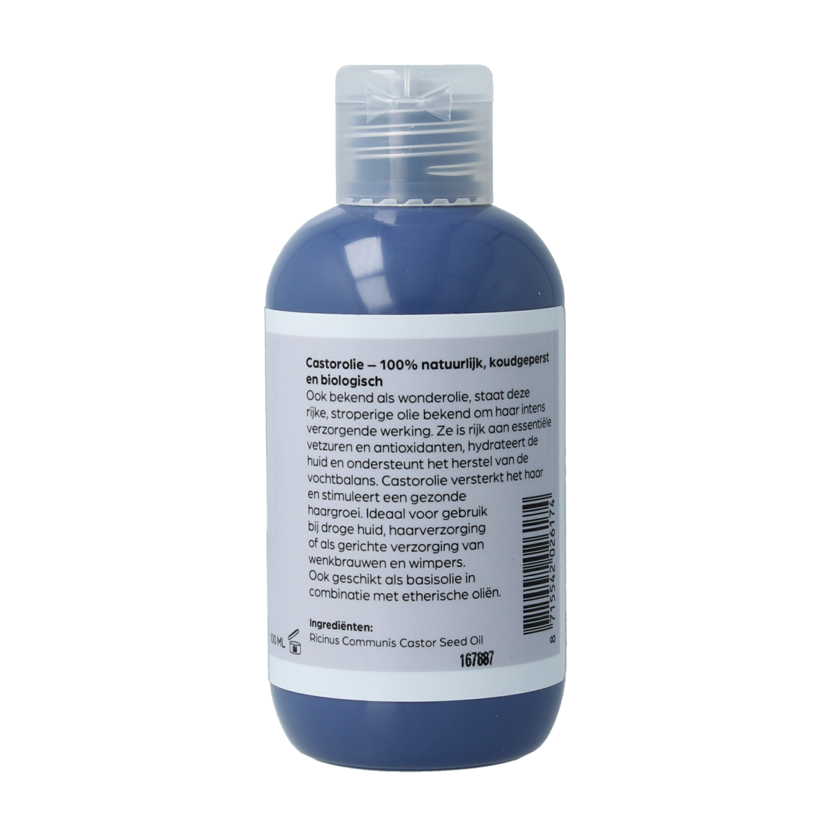 Volatile Castor oil 100ml bottle for body care, clear glass container with black cap and label, on a white background.