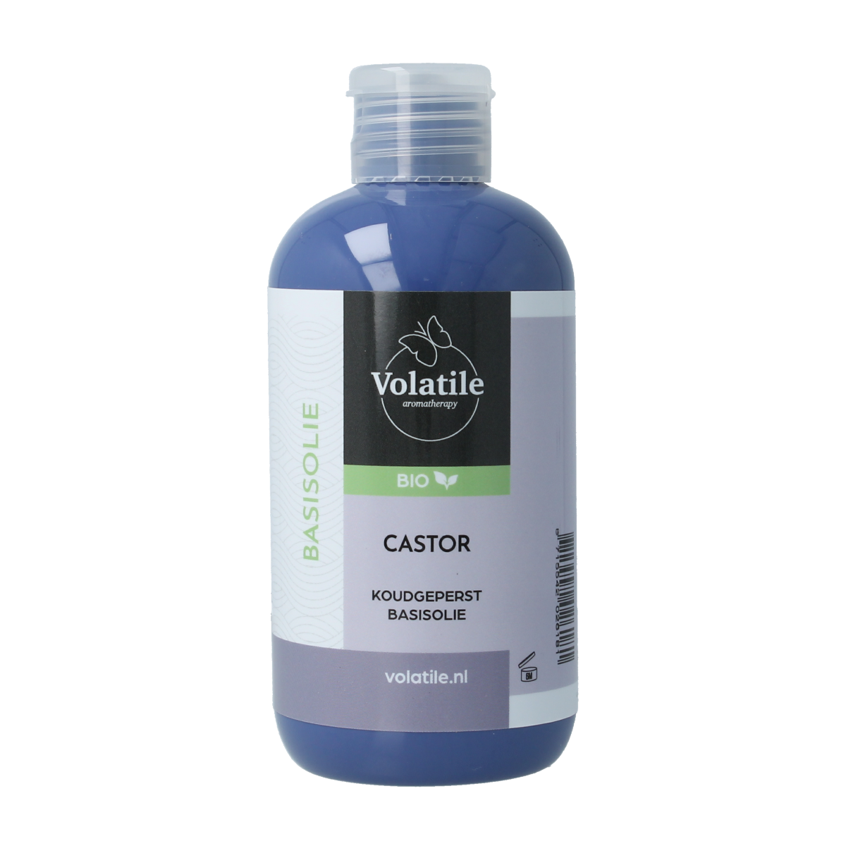 Volatile bio castor oil in 250ml bottle, cold-pressed, for body care, with a clear view of the label and packaging