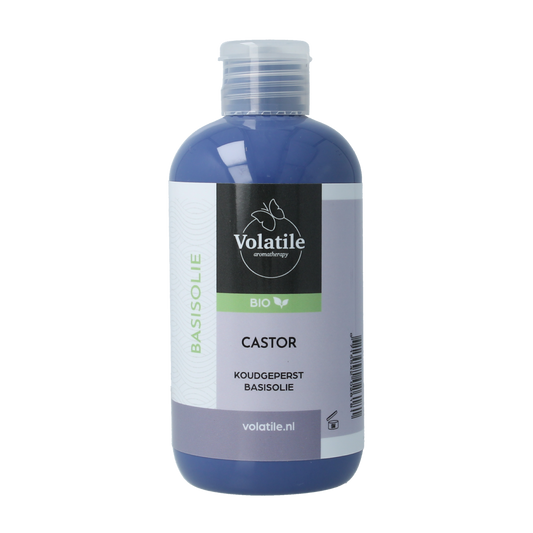 Volatile bio castor oil in 250ml bottle, cold-pressed, for body care, with a clear view of the label and packaging