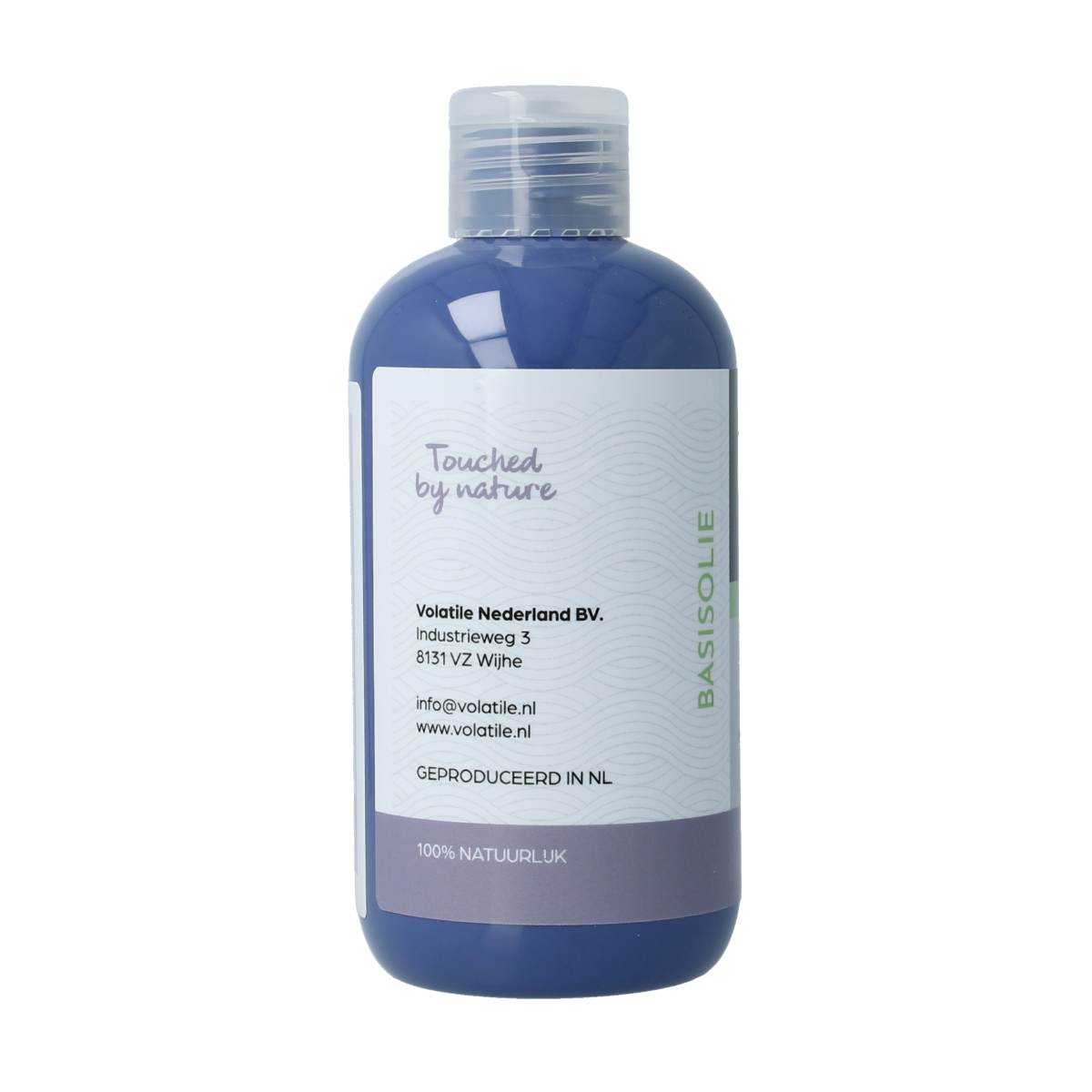 Volatile koudgeperste biologische castor olie in 250ml bottle for body care, with a clear label and golden oil inside.