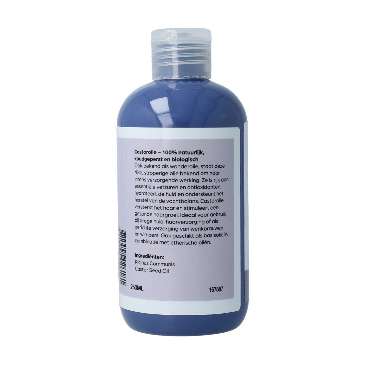 Volatile koudgeperste biologische castorolie in 250ml bottle, used for lichaamsverzorging and natural skin care.