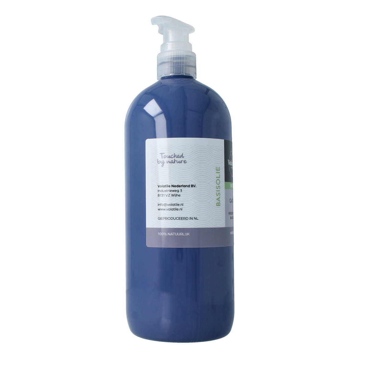 Volatile castor oil in a 1-liter bottle, natural body care product, with a clear label and transparent bottle