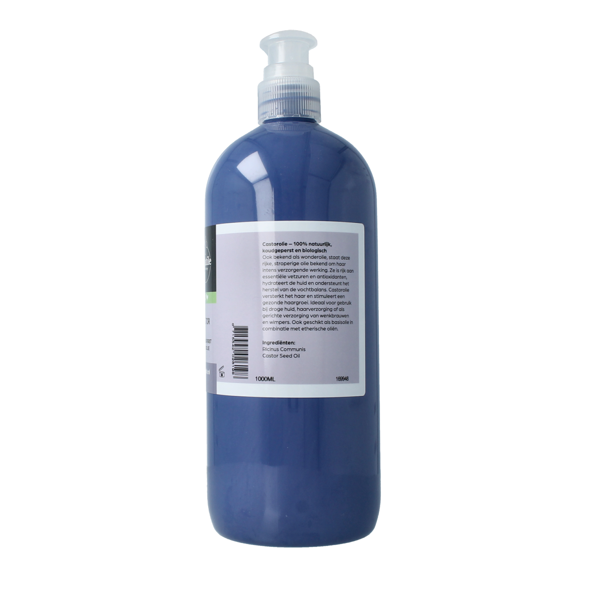 Volatile castor oil 1 liter bottle, natural body care product, clear liquid in a plastic container with label.