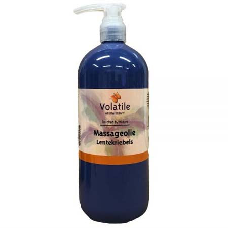 Volatile Lentekriebels massage oil bottle, 1000ml, a natural body care product with a white cap and label.