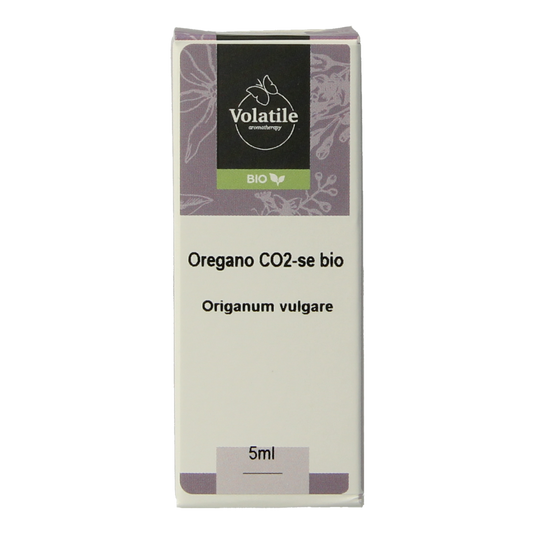 Volatile Oregano CO2 essential oil bottle, 5ml, with clear label showing the Volatile brand and product details.