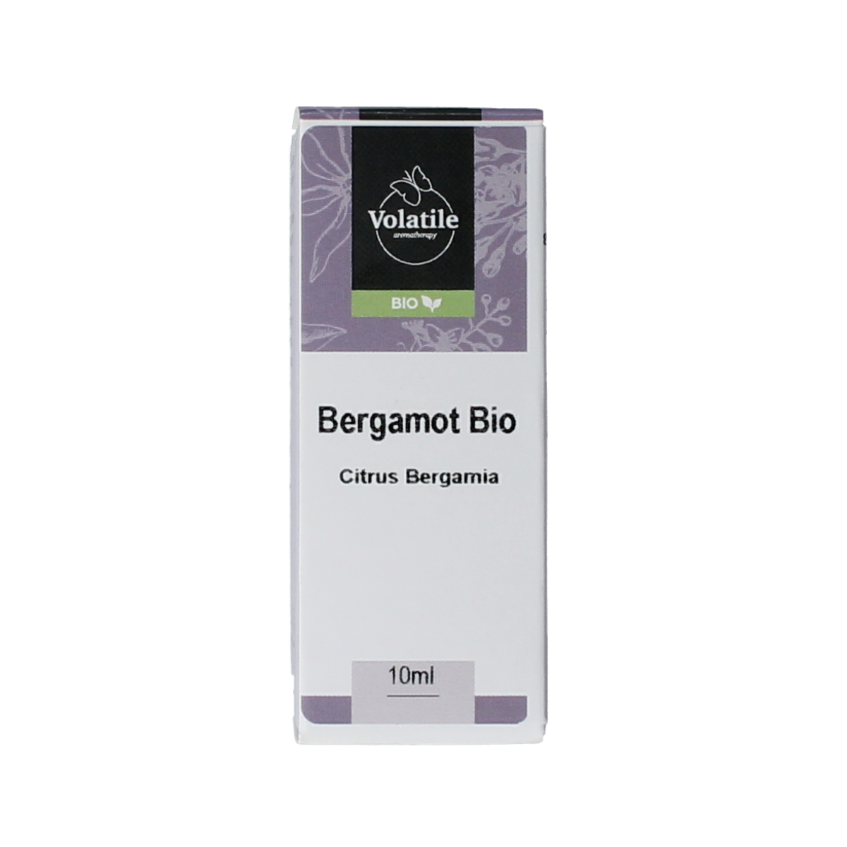 Volatile Bergamot bio essential oil in 10ml bottle, showcasing the amber glass container and label with product details.