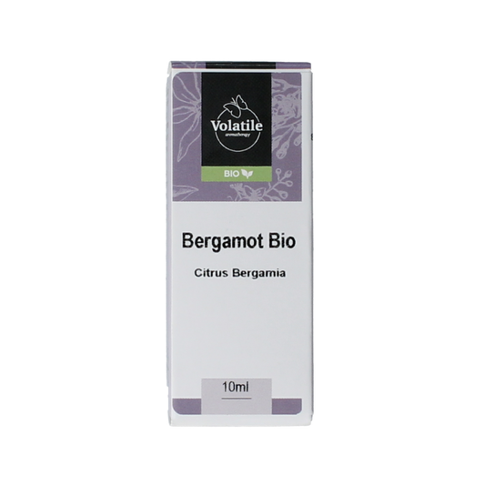 Volatile Bergamot bio essential oil in 10ml bottle, showcasing the amber glass container and label with product details.