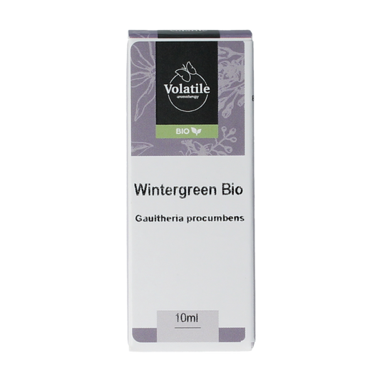 Volatile Wintergreen bio essential oil in a 10ml bottle, natural etherische oliën with green wintergreen leaves on the label.