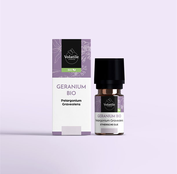 Volatile Geranium bio essential oil bottle, 10ml, with a clear label and amber glass container, displayed on a neutral background.