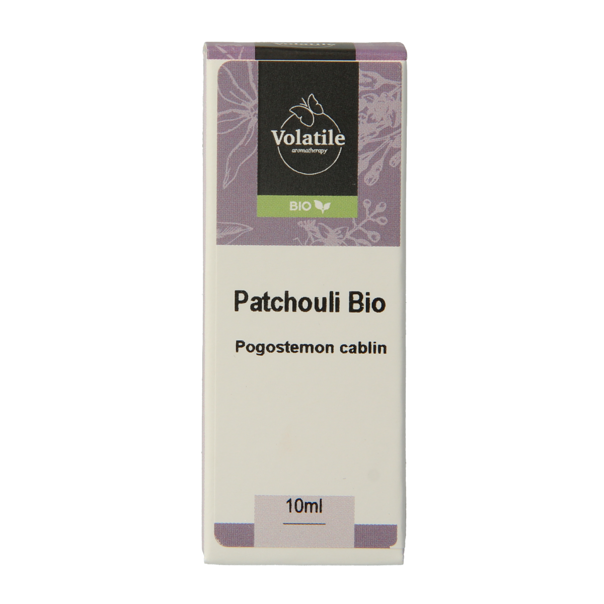 Volatile Patchouli essential oil in a 10ml bottle from Volatile, with a dark amber glass container and white cap.