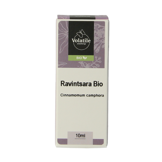Volatile Ravintsara organic essential oil bottle, 10ml, with a dark glass container and label showing product details.